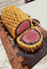 Beef Wellington vector illustration. Realistic gourmet dish with golden puff pastry and beef tenderloin. Perfect for restaurant menus, recipe books, and culinary design projects.