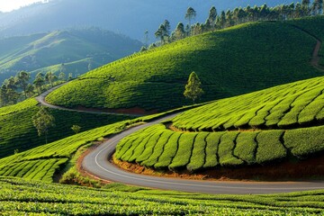 Winding road through lush tea plantations