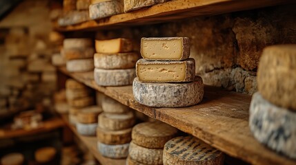 Stacked cheese wheels and blocks on wooden shelves in a storage area.
