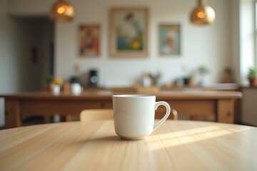 Fototapeta premium White Mug On A Wooden Table With A Blurred Kitchen Background, cozy atmosphere, coffee shop design