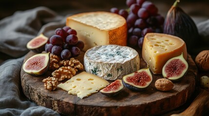 Assorted cheeses grapes figs and walnuts on a wooden board still life.
