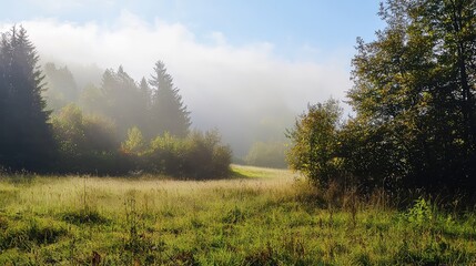 Obraz premium Golden Morning Light Illuminating Grassy Field and Trees Under Misty Sky in Countryside Landscape