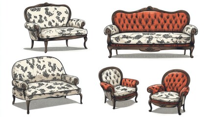 Set of illustrated loveseat furniture pieces