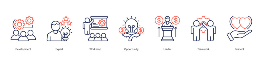Leadership Development web banner icon sheet vector development, expert, workshop, opportunity, leader, teamwork, respect