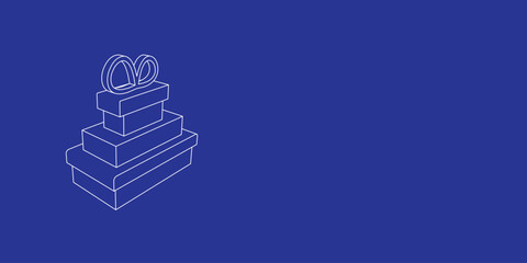 The outline of a large set of gifts made of white lines on the left. 3D view of the object in perspective. Vector illustration on indigo background