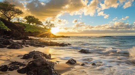 Naklejka premium Golden Sunset Over Rocky Beach with Lush Trees on Shoreline With Warm Colors and Soft Light Creates A Tropical Island