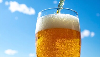 青空の下、喉を潤す一杯：爽快な夏の日のビール - グラスに注がれる黄金色の誘惑