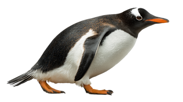 Gentoo Penguin's Stroll: A captivating close-up of a gentoo penguin confidently strutting across the terrain, displaying distinctive markings.