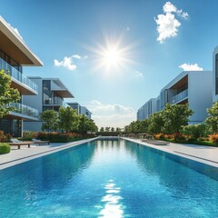 Fototapeta premium Modern residential complex with a beautiful pool and landscaping