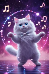 A cute white kitten, a young feline pet, playfully presents a heart-shaped gift to a black tabby mouse, its adorable eyes full of innocent charm