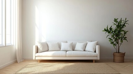 Simple minimalist room with sectional sofa and jute rug