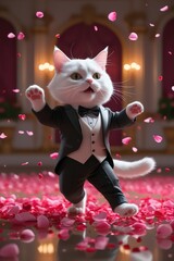 A woman's joyful smile illuminates the night as she holds a gift near a kitten by the Christmas tree