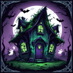 A spooky Halloween night illustration shows a haunted house silhouette under a dark moonlit sky with bats, trees, and a pumpkin, embodying the scary holiday art