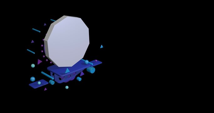 White decagon symbol on a pedestal of abstract geometric shapes floating in the air. Abstract concept art with flying shapes on the left. 3d illustration on black background