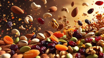 A healthy snack mix of chocolate, nuts, and dried fruit offers sweet and nutritious ingredients
