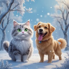 Cute white puppy and brown kitten are two young pets sitting together in the snow, a funny animal group portrait