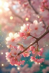 Pink cherry blossoms bloom on a tree branch in spring, a beautiful display of floral nature with delicate pink petals against the sky