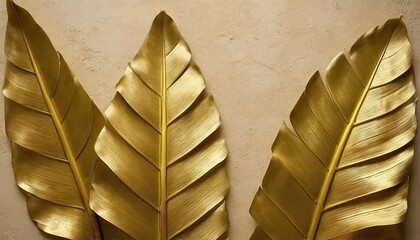 Elegant golden banana leaf wall decor on textured beige background