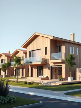 Conjunto de viviendas realizadas en madera. Concepto crisis inmobiliaria y escasez de casas