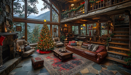 Rustic Christmas Cabin Living Room with Mountain View