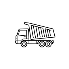A clear, simple line art icon of a dump truck, ideal for illustrating construction, hauling, or transportation themes.