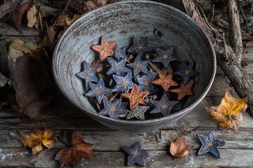 Ceramic stars in rustic bowl