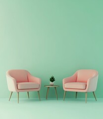 Two pastel pink armchairs face each other, flanking a small round table with a plant, against a mint green wall