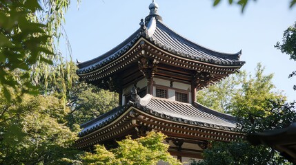 Fototapeta premium Japanese Pagoda with Gray Tile Roof Surrounded by Green Trees Under a Clear Blue Sky Offering Tranquil Scenic View on