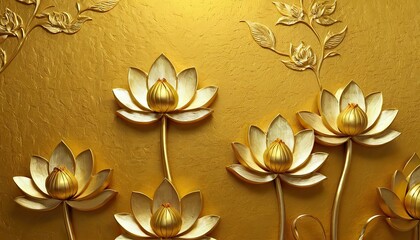Golden lotus flowers artistic embossed decoration on textured golden background