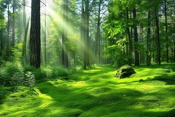 Obraz premium Sunlight filters through lush green trees, illuminating a vibrant, mossy forest floor and creating a peaceful, natural scene.