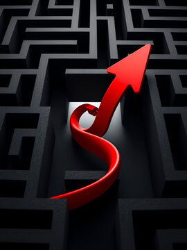 A dynamic red arrow weaving its way out of a challenging black maze, highlighting the journey to success