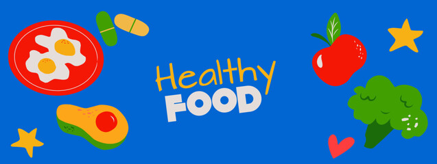 Healthy Lifestyle, healthy food horizontal background. Mindful eating, improving hydration, managing weight, balanced diet with fruits, vegetables. Vector editable illustration for infographic poster