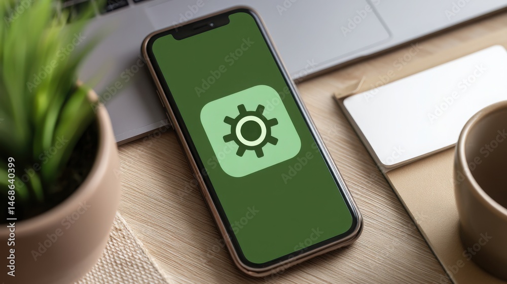 Poster phone with green icon and gear symbol orbiting around mobile app representing modern application des