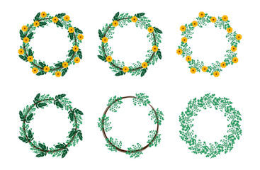 Floral Wreath Collection - Hand-drawn Yellow Flower and Leaf Vector Set.