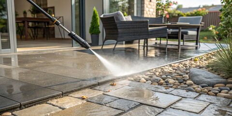 Pressure Washing Patio Reviving Outdoor Space with Water Jet on Stone Tiles and Pebble Border, patio cleaning ,pressure washer