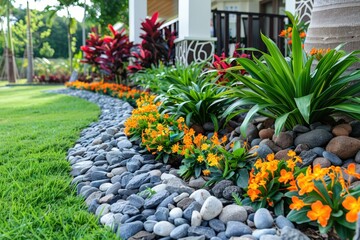Neatly landscaped garden with vibrant flowers, green plants, and smooth decorative stones beside a house.