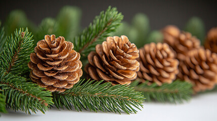 Pine cones and fir branches on white surface with blurred background