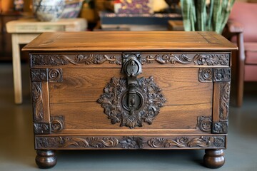 A wooden chest adorned with ornate carvings and metal hardware sits indoors. Showcasing vintage, antique, or rustic decor and furniture themes.