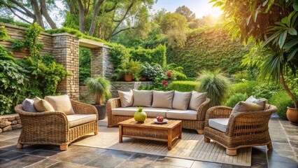 Fototapeta premium Cozy outdoor living room with wicker sofa and rattan armchairs surrounded by lush greenery and a stone patio