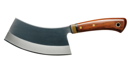 Cleaver with wooden handle: An isolated sharp cleaver knife with a curved blade and wooden handle, perfect for showcasing kitchen tools or adding a rustic touch to your designs.