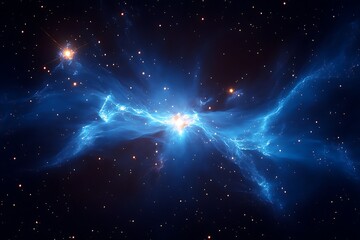 Powerful electric energy explosion in deep space with glowing blue lightning bolts and a bright central light