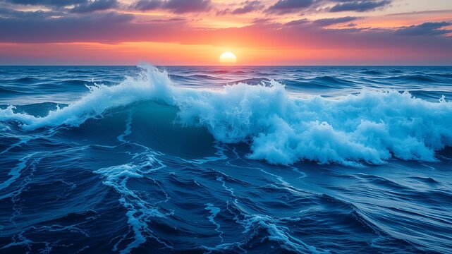 A breathtaking ocean sunset scene showcases a powerful wave crashing against the deep blue sea under a vibrant sky.