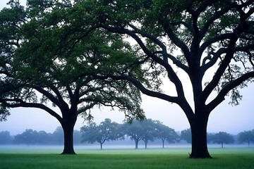 Fototapeta premium Majestic Live Oak Trees in Foggy Field Peaceful Sunrise Nature Scene