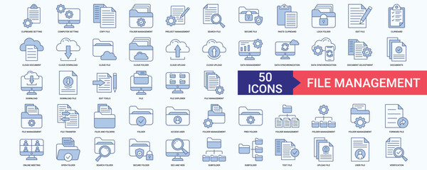 File Management icon collection set with Clipboard, Computer, Copy file, Search file, Secure file	