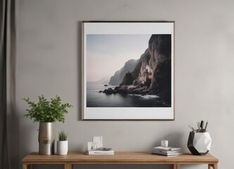 Stylish poster mockup, hanging on clips, home interior,  home office,  print,  mockup design