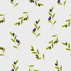 Seamless pattern of black olives and green leaves in repeating motif