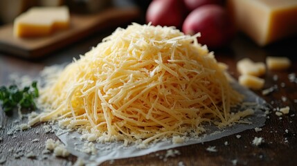 Pile of shredded cheese on parchment paper with blurred background elements.