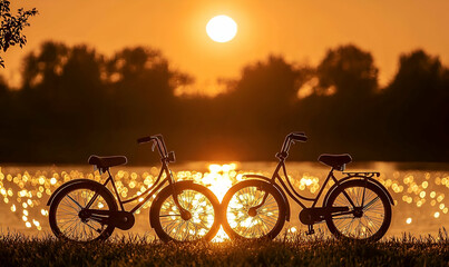 Obraz premium Silhouette of Two Bicycles at Sunset by a Lake