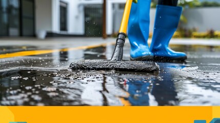 Fototapeta premium Person cleaning wet pavement with a broom