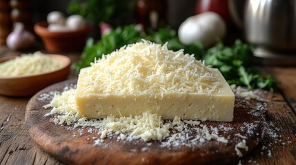 Block of cheese with grated cheese on a wooden board in kitchen.